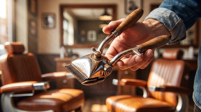 Retro hair clippers manual, Vintage manual hair clipper held by barber in retro barbershop  