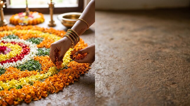 Close up macro female hands arranging beautiful Pookalam floral design orange marigold petals Onam festival aesthetic empty space mockup