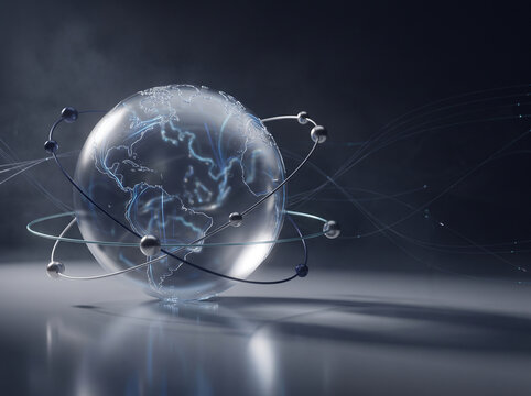 Abstract globe with interconnected lines and nodes representing global network technology and digital data communication.