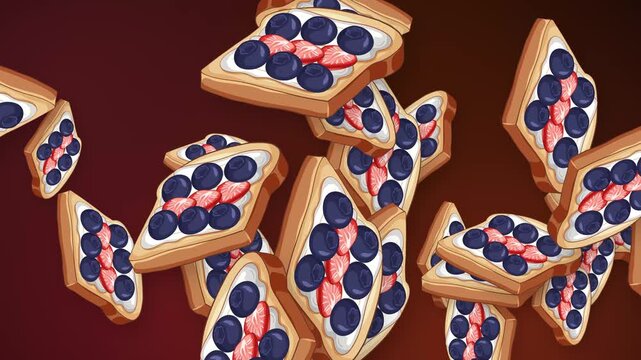 Animated Falling Berry Dessert Toasts on Dark Red Background