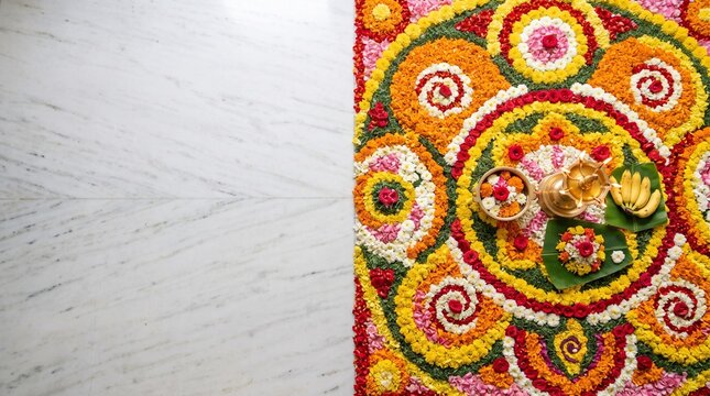 Top down flat lay half frame filled with intricate Pookalam floral art blank smooth marble floor happy Onam copy space mockup