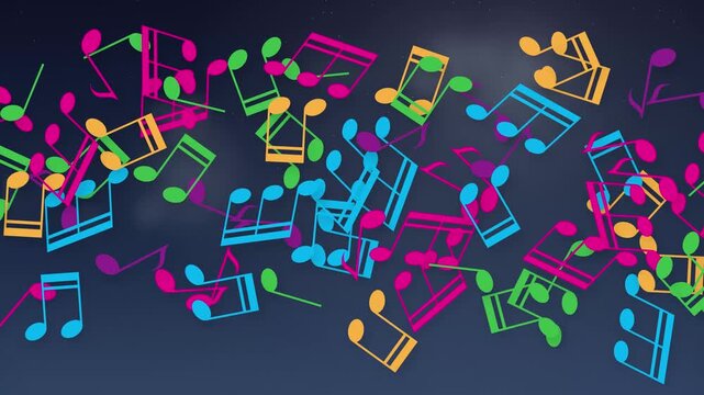 Colorful Musical Notes Floating and Rotating on Dark Background