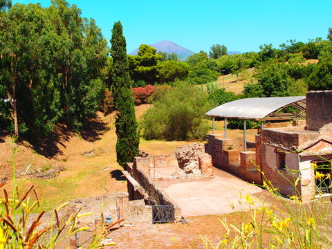 View of ancient excavated ruins of Herculaneum and distant mountain