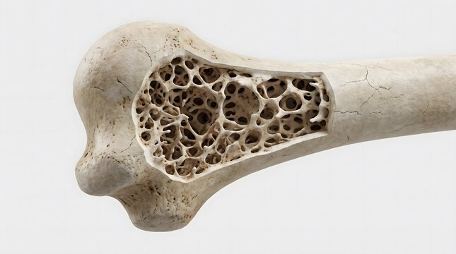 Close-up 3D medical illustration showing the internal spongy trabecular bone structure inside a human long bone.