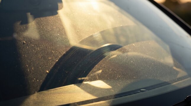 dirty car windshield covered with thick dust and grime showing wiper streaks under bright sunlight.