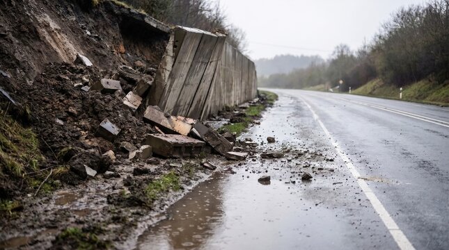 collapsed concrete retaining wall and mudslide spilling dirt and broken blocks onto a wet highway road after heavy rain.