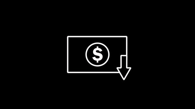 Animated dollar cash banknote declining icon on black background. Depicting cash banknote with downward arrow. Value dollar falling icon for economic decline and financial market concepts