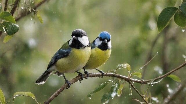 Two blue tits in flight and perched on a branch during rainfall with a shallow depth of field