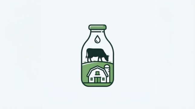Milk bottle icon with a cow and barn inside on white background