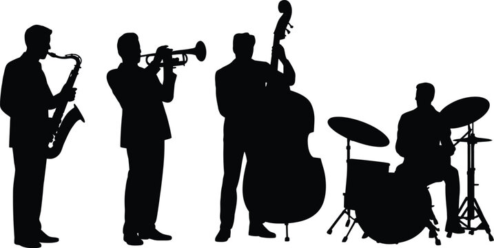 Black silhouette vector illustration of a jazz band band musicians playing saxophone trumpet double bass and drums musical instruments