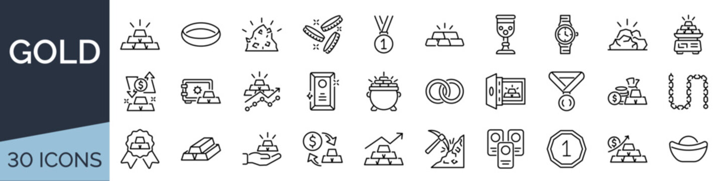 Set of 30 outline icons related to gold. Linear icon collection. Editable stroke. Vector illustration