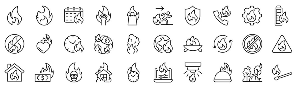 Set of 30 outline icons related to fire. Linear icon collection. Editable stroke. Vector illustration
