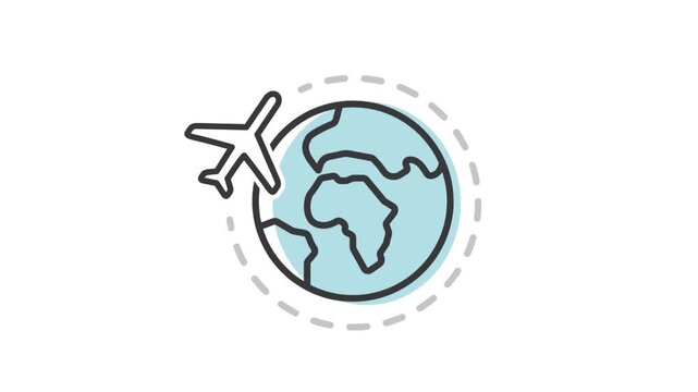 Globe and plane, earth, travel, video, linear icon. 
