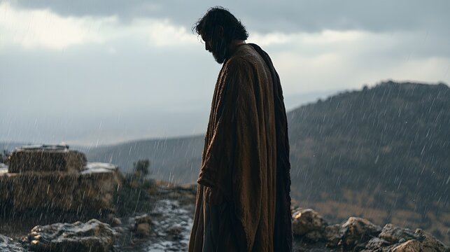 A man in a brown robe looking down in the rain on a hill