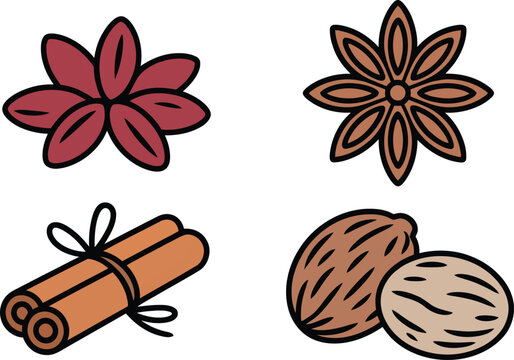 Flat line art vector icon set of baking spices featuring star anise cinnamon sticks tied with string and whole nutmeg seeds