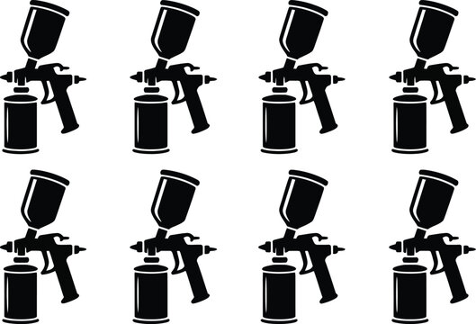 Paint spray gun silhouette collection featuring black vector silhouettes of pneumatic air compressor sprayers isolated on white background