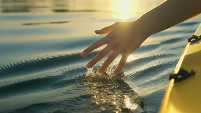 Gentle hand touches rippling water surface with golden sunset light reflecting on yellow object