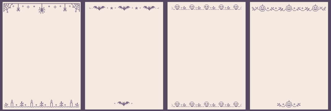 Cross stitch Halloween greeting card template set. Spooky embroidery folk art backgrounds. Digital invitation layouts with spider, bat, skull, and pumpkin borders.