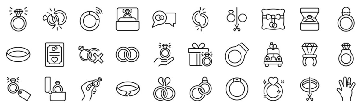 Set of 30 outline icons related to ring. Linear icon collection. Editable stroke. Vector illustration