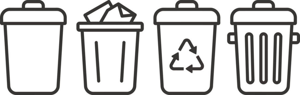 Set of garbage bins and waste containers with paper trash and recycle symbol icons trash can rubbish bin garbage icon