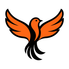 Fototapeta premium Stylized orange bird icon in flight with black tail feathers