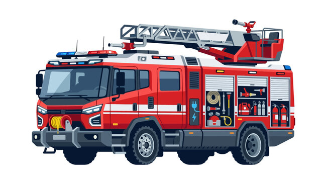Detailed vector illustration of a modern fire truck with equipment