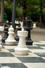 Large chess pieces stand on a giant outdoor pavement board in Switzerland. A white rook figure takes center focus during a strategic street game in a park setting. © dsbedarieva