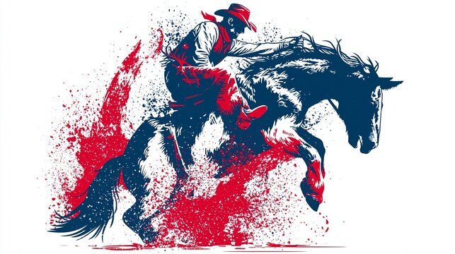 Cowboy riding bucking bronco with dynamic red splashes. Cowboy rider skillfully staying on a wild bucking bronco in a challenging rodeo event