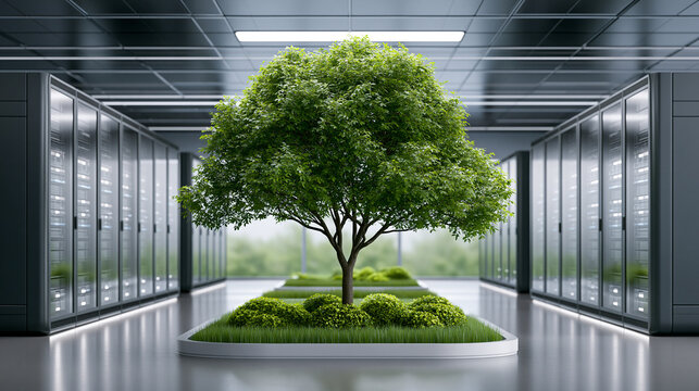 sustainable green data center, energy-efficient server room powered by renewable energy, subtle plants and clean infrastructure, blue-green cinematic lighting