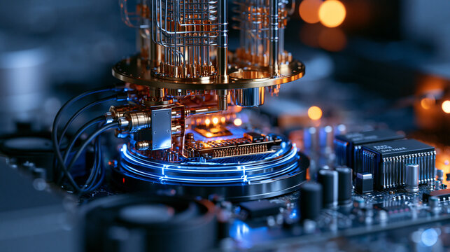 quantum computing laboratory, futuristic quantum processor surrounded by advanced cooling systems and blue light, highly detailed cinematic science photography