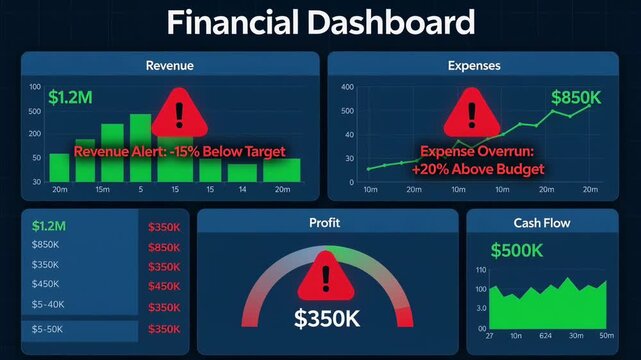 Financial dashboard warning wide interface view with red alert icons, revenue gap and expense overrun panels for cash flow risk, budget control, financial audit, and business crisis reporting