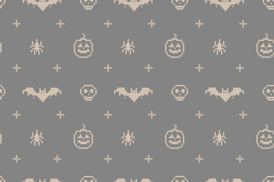 Cross stitch Halloween seamless pattern background. Dark eerie embroidery folk art texture. Bat, spider, skull, and pumpkin motif on dark backdrop for digital paper, fabric, and wallpaper.