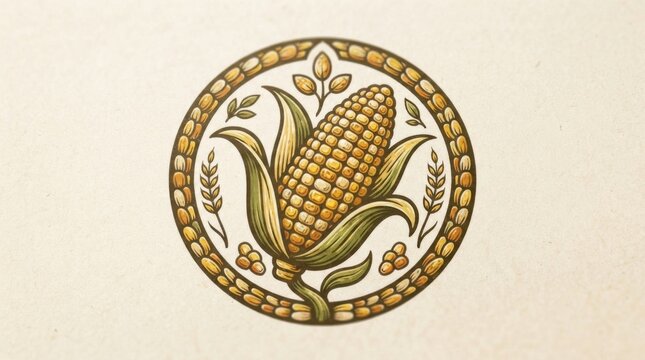 Decorative corn cob illustration inside a circular farm harvest frame