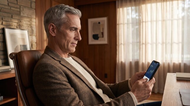 Silver haired business professional checking company cash flow and digital account activity on a smartphone while seated in a warm wood paneled private office with soft daylight and relaxed focus