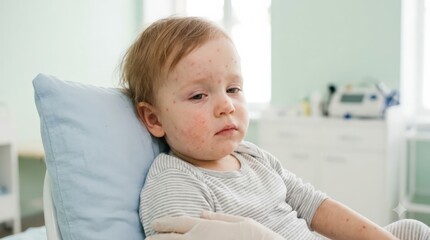Fototapeta premium In a medical room, a sick vaccine child with red rash spots sits on a bed with a blue pillow while a gloved healthcare provider comforts them, expressing a gloomy and concerned mood