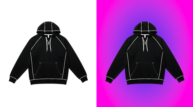 Black hooded sweatshirt with white drawstring and white piping details, isolated on a white background, for clothing apparel, retail display