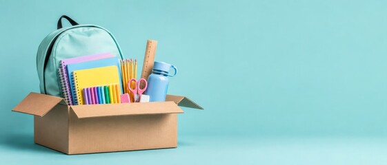 Back to school donation concept with box full of supplies, teal background © dvoevnore