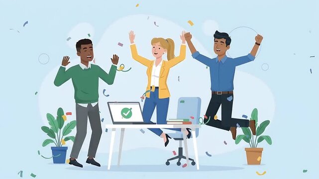 Business team celebrates success and achievement with joy in office, confetti falling