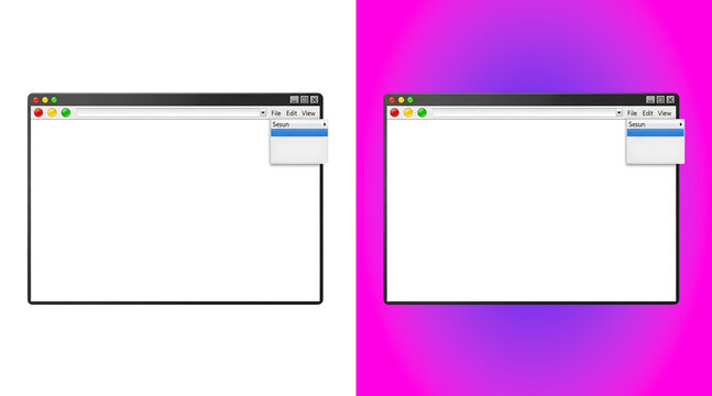 Computer software window interface mockup with a blank white area and a drop down menu isolated on a white background, for web