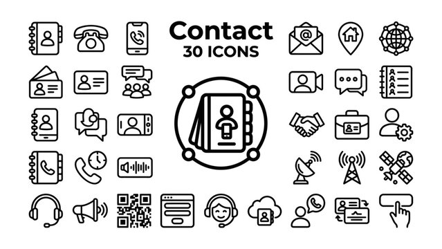 Contact Icons Collection: A comprehensive set of line art icons representing various contact methods and communication tools, perfect for digital and print design projects.