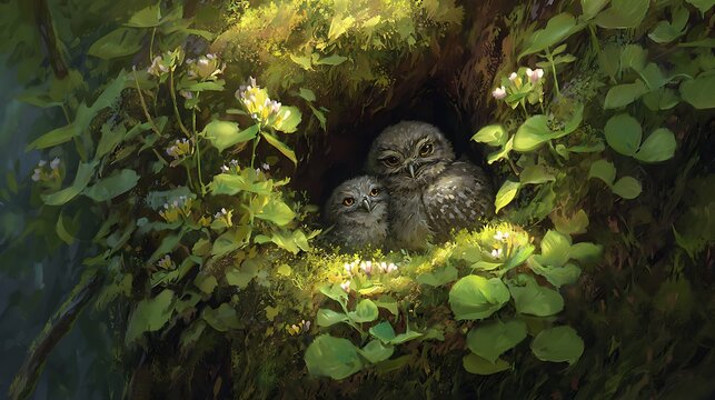Two adorable owlets nestled in a mossy tree hollow surrounded by lush green foliage representing natures tranquility and new life