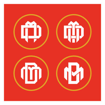 Set of four geometric interlocking MD letter monograms with gold circles on red background.
