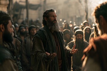 Fototapeta premium Ancient prophet with a long beard preaching to a large crowd of people in a dusty, historical desert setting