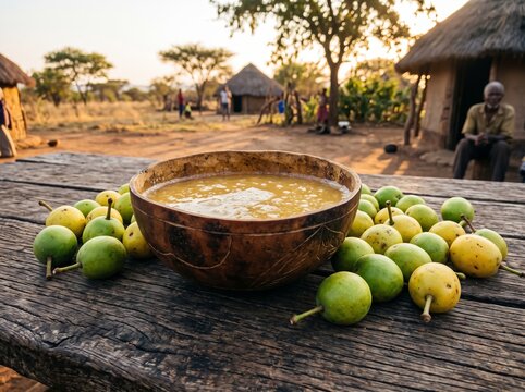 Traditional Buganu drink in a wooden bowl with fresh marula fruits in an African village at sunset