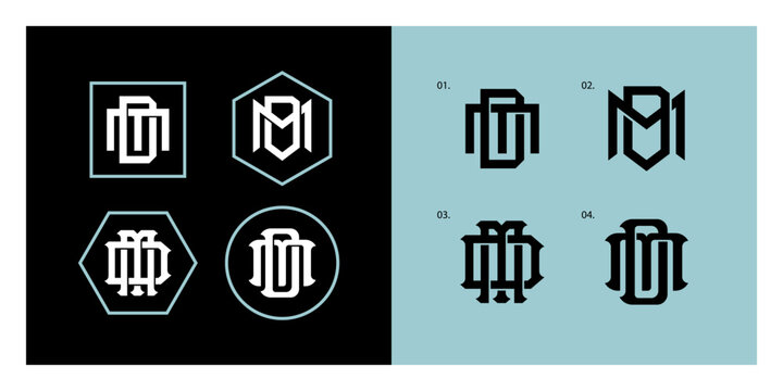 Modern set of MD monogram letter logo designs in various geometric shapes for brand identity.