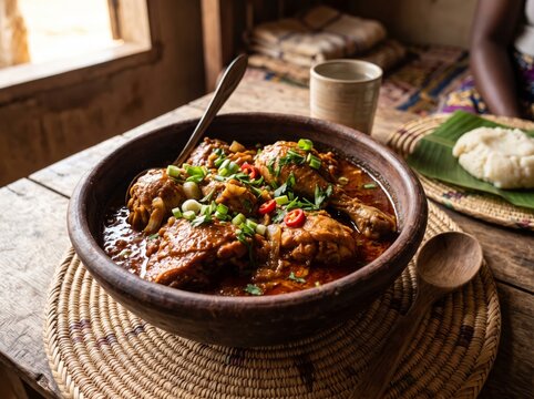 Traditional chicken stew in rich palm sauce served in a rustic clay bowl with side of fufu