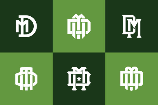 Vintage athletic monogram logo set featuring letters M and D on a green background grid.