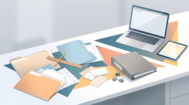 Modern office workspace featuring digital laptop and tablet device combined with organized paper files folders binder stationery tools for professional project management in minimalist design style