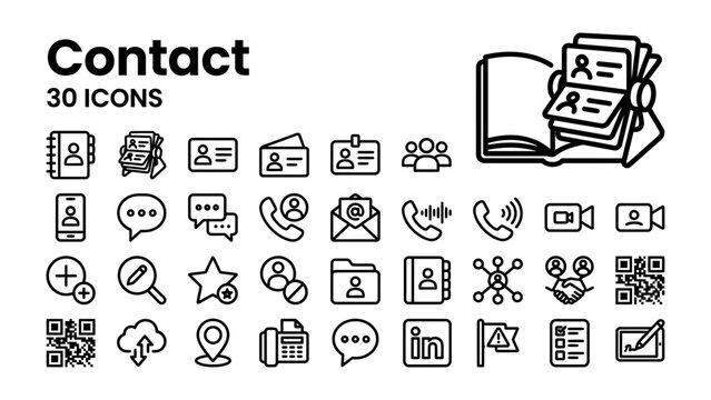 Contact Icons Collection: A comprehensive set of 30 diverse icons representing various contact methods and information, including communication, personal details, and digital connections.