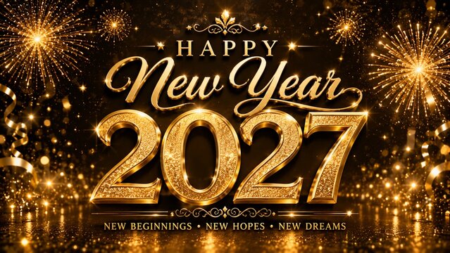 Happy New Year 2027 Golden Fireworks Celebration Background